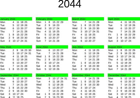 2044|Calendar for Year 2044 (United Kingdom)